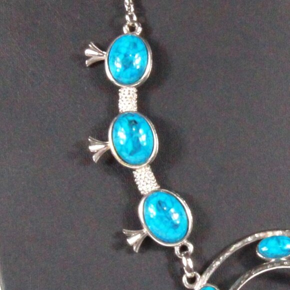 Vintage Faux Turquoise Squash Blossom Silver Tone Necklace - Picture 6 of 8